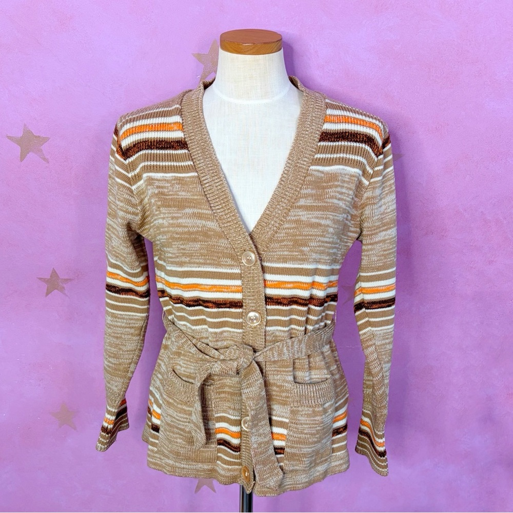 Vintage 70s Sweater Women’s Medium Boho Striped Belted Wrap Pocket Cardigan Cozy